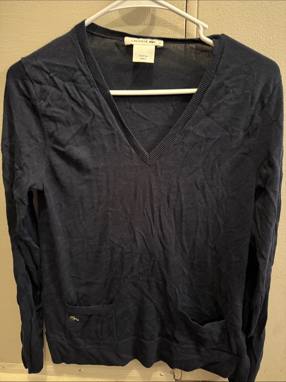 Lacoste Women's Dark Navy V-Neck Pocket Sweater